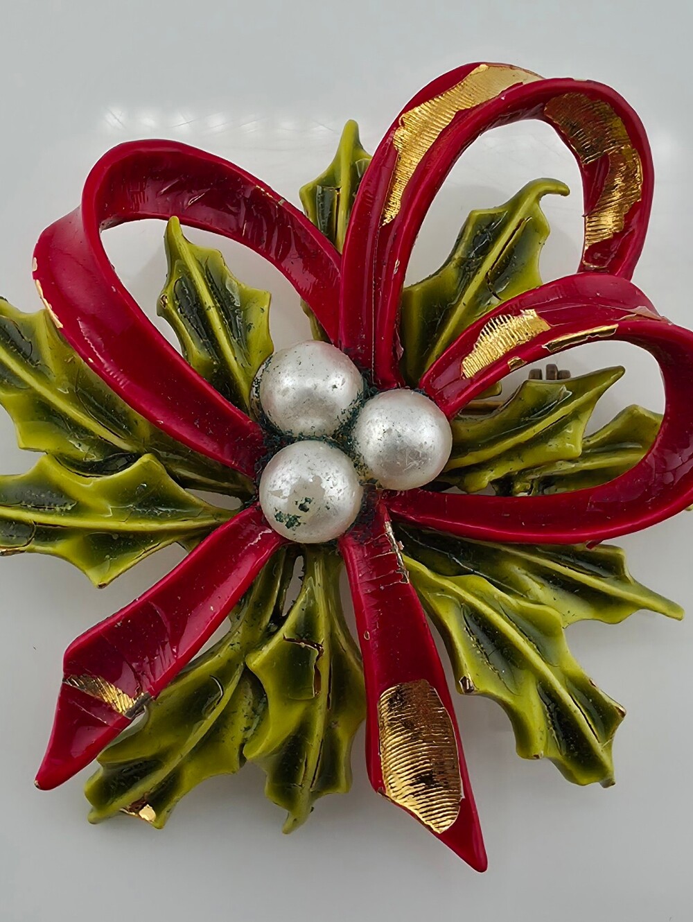 Vintage ART Christmas Brooch Red Bow Holly Silver Berries Enamel Holiday Pin